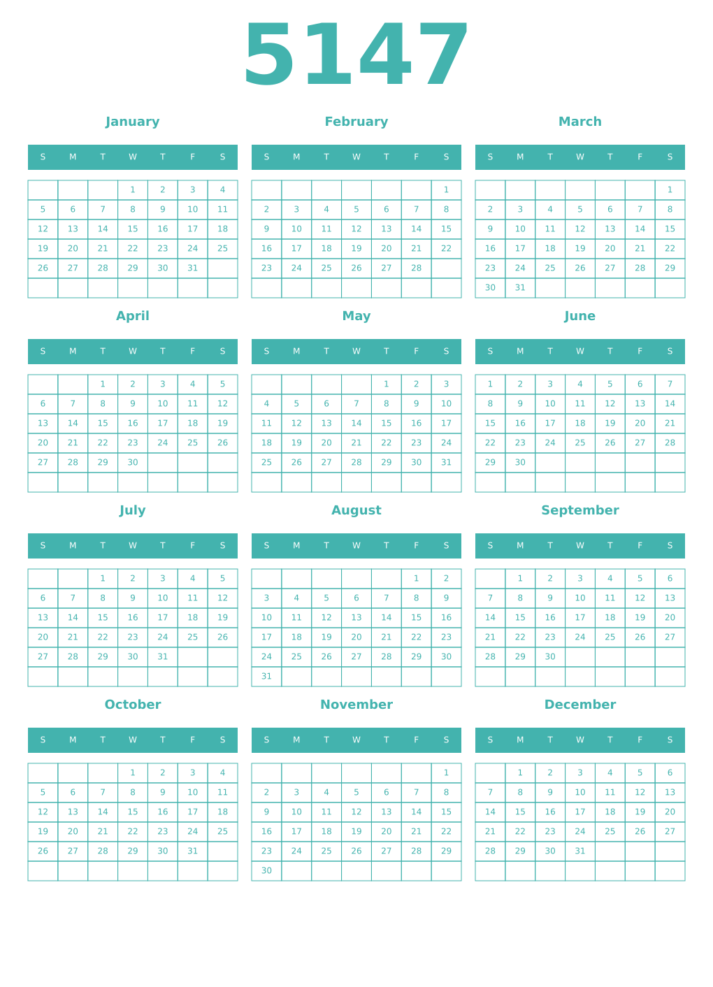Printable 5147 Year Calendars verdigris