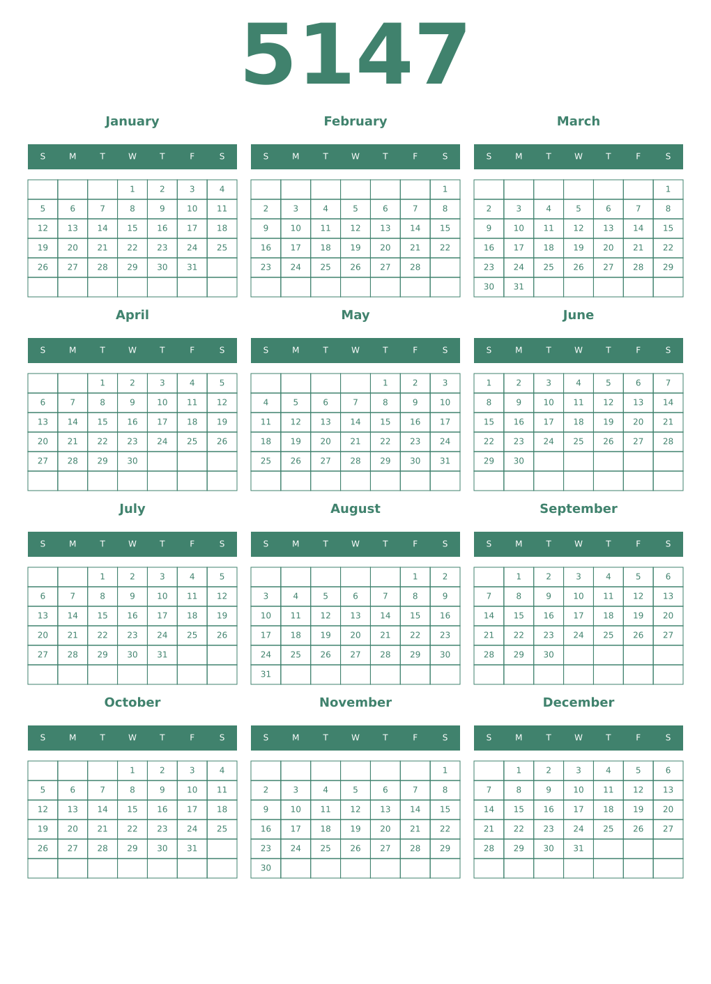Printable 5147 Year Calendars viridian