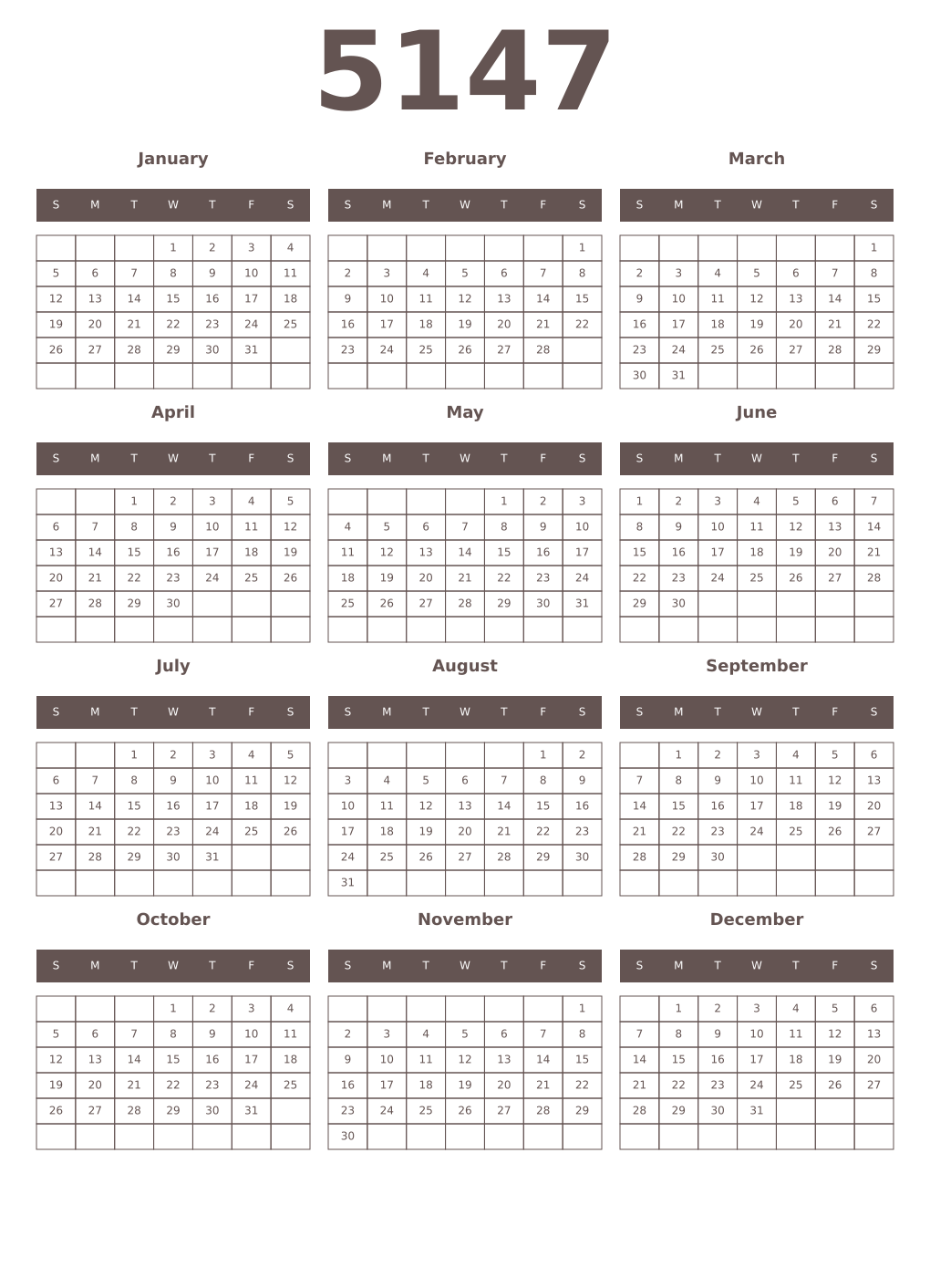Printable 5147 Year Calendars wenge