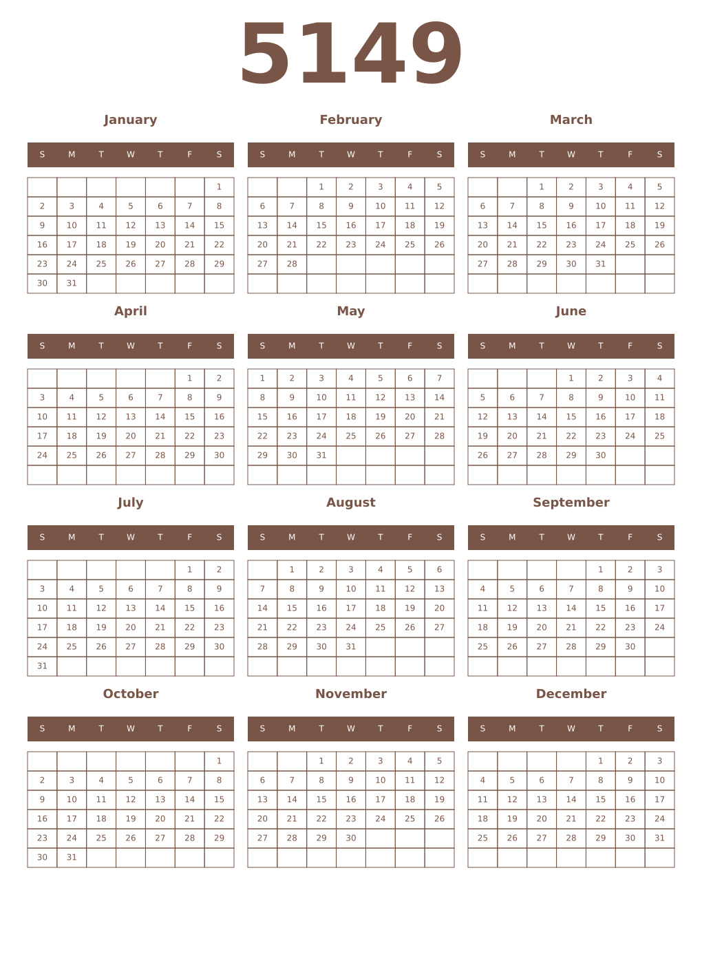 Printable 5149 Year Calendars coffe
