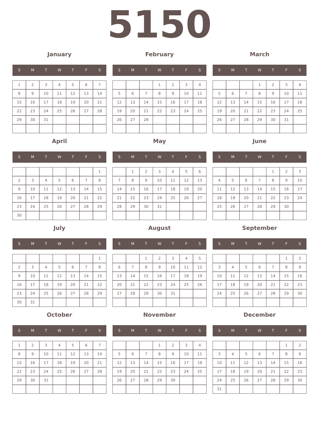 Printable 5150 Year Calendars wenge