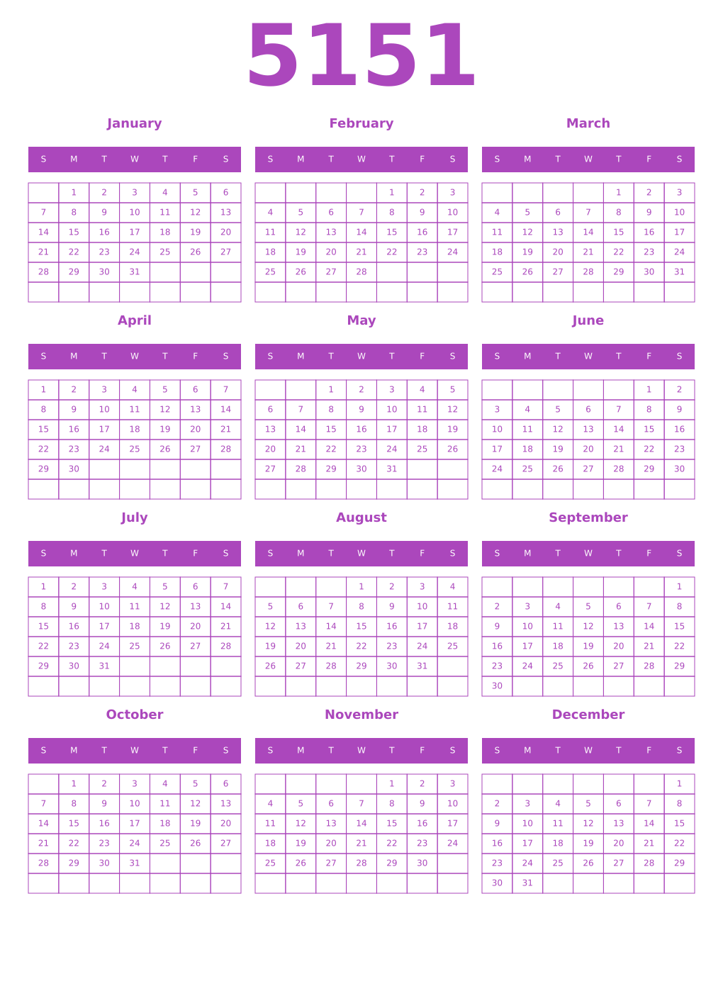 Printable 5151 Calendars