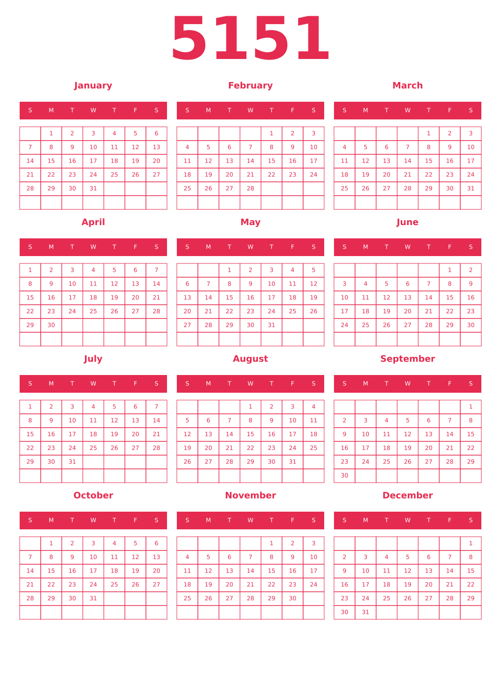 Printable 5151 Year Calendars amaranth