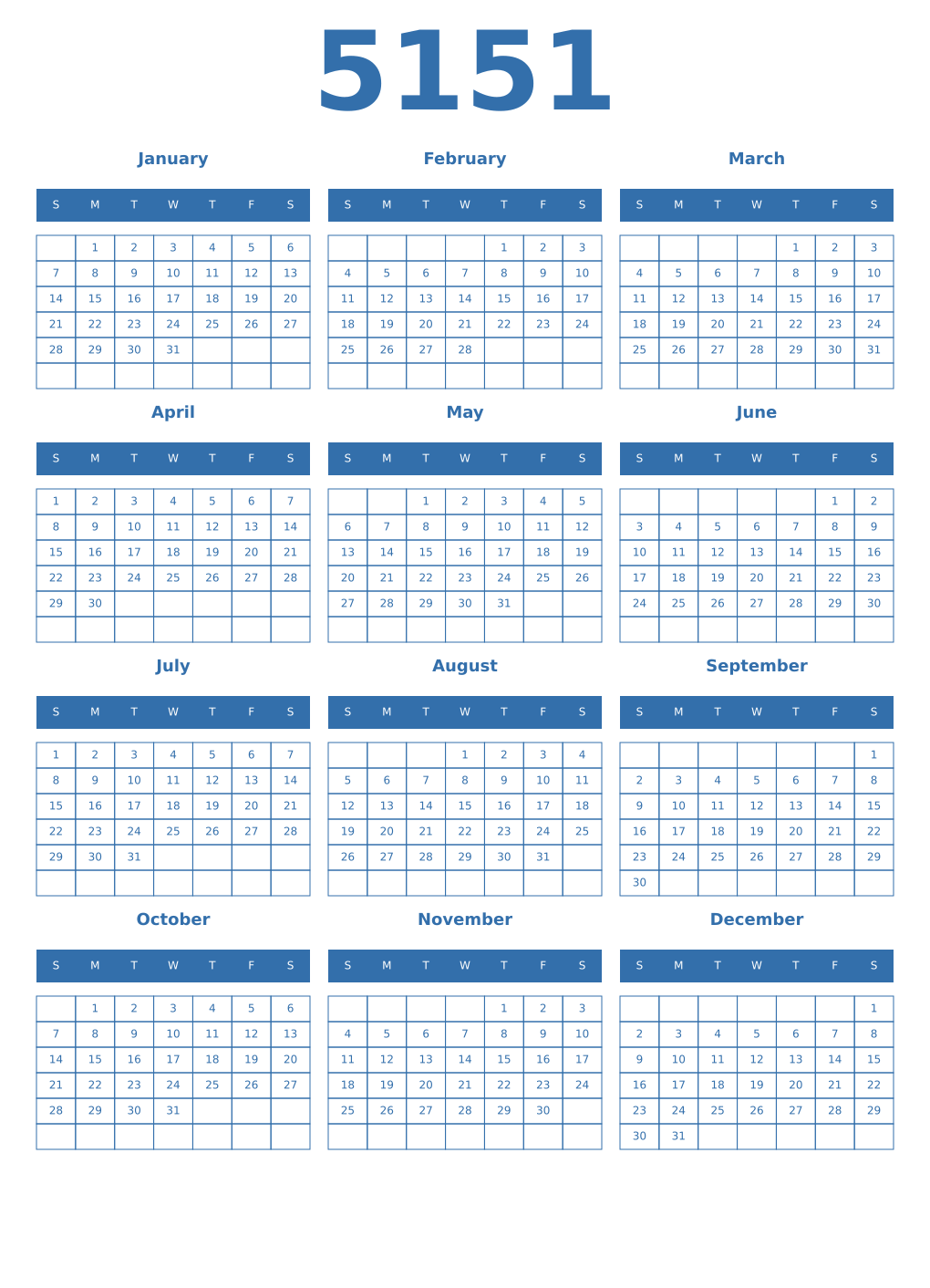 Printable 5151 Year Calendars blue