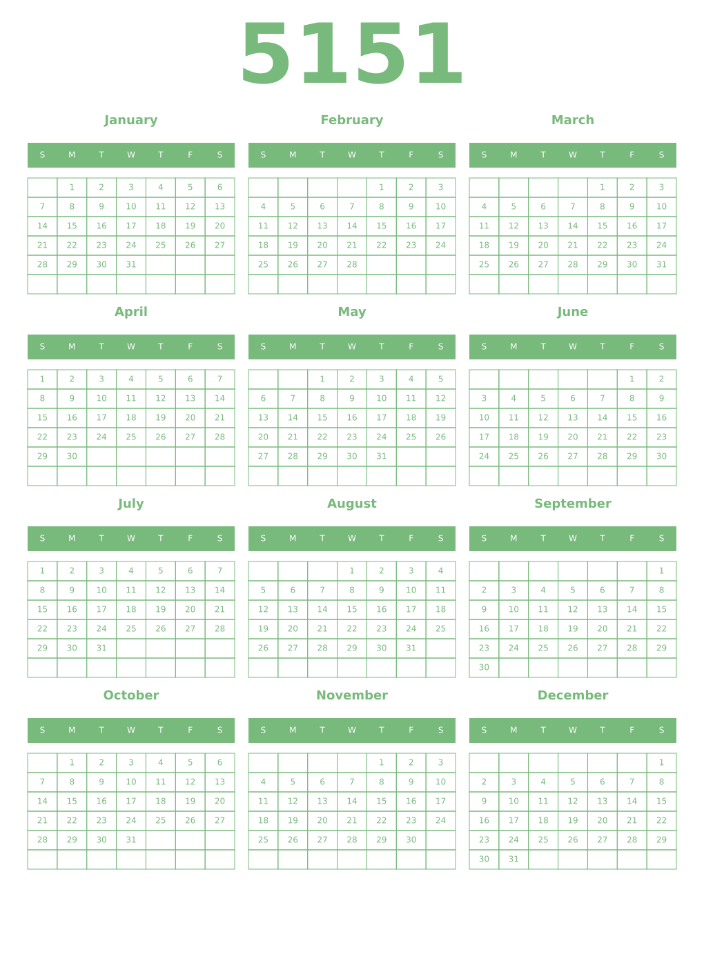 Printable 5151 Year Calendars celadon