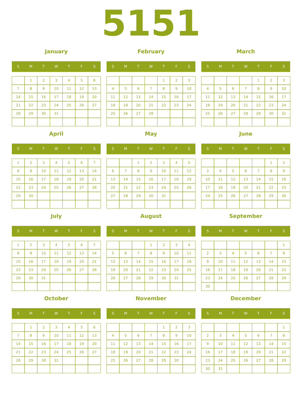 Printable 5151 Year Calendars chartreuse