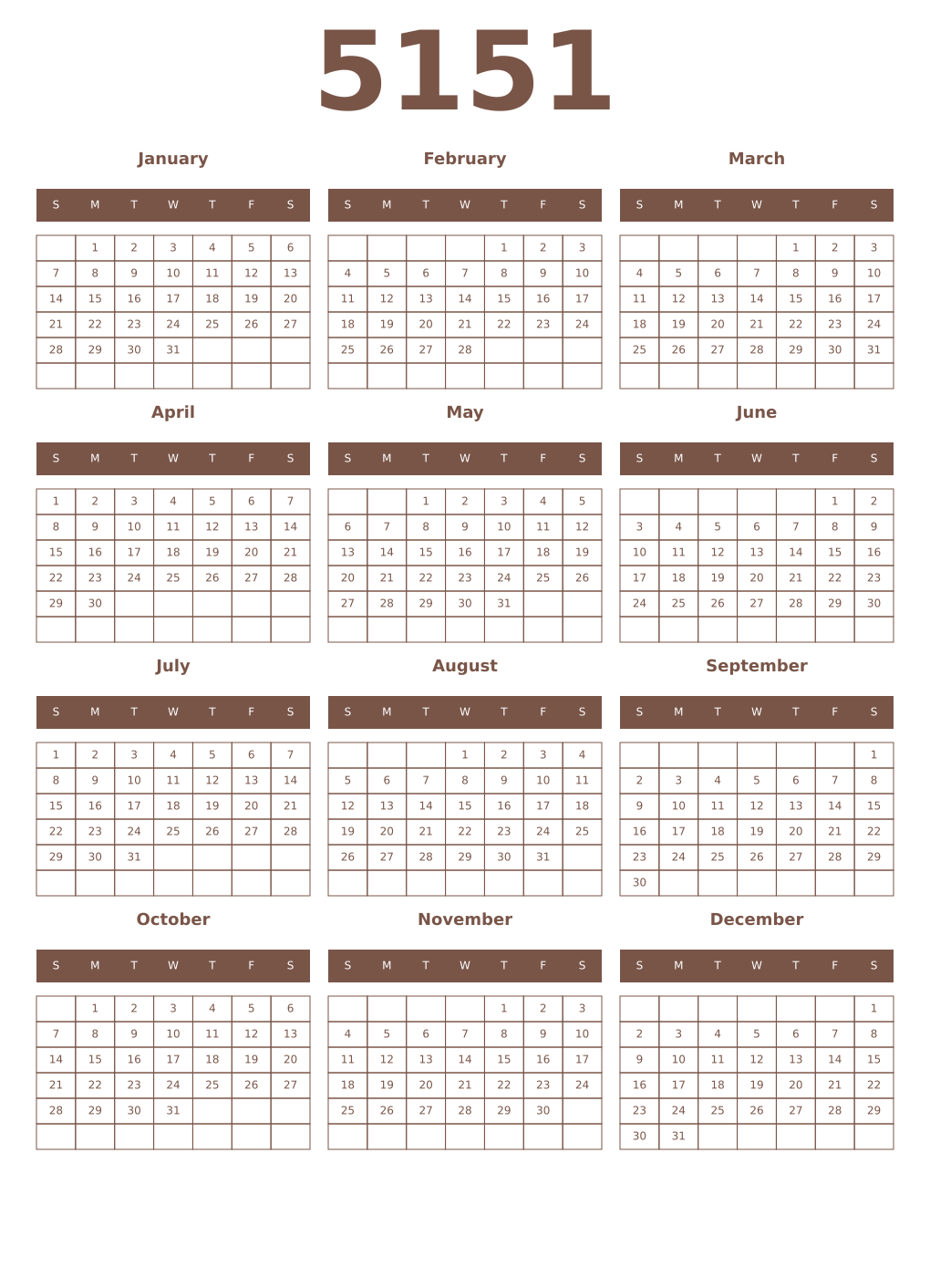 Printable 5151 Year Calendars coffe