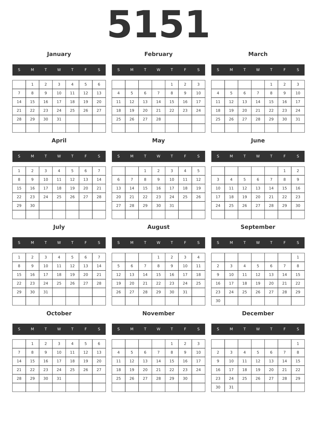 Printable 5151 Year Calendars dark