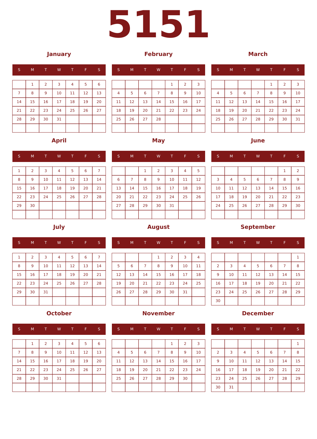 Printable 5151 Year Calendars falu
