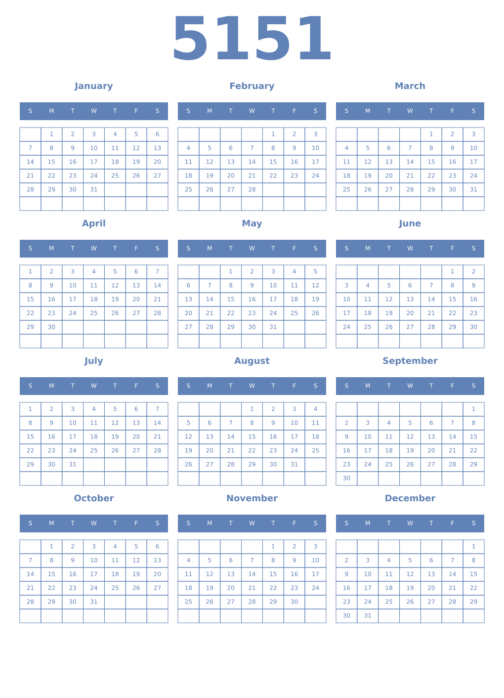 Printable 5151 Year Calendars glaucous