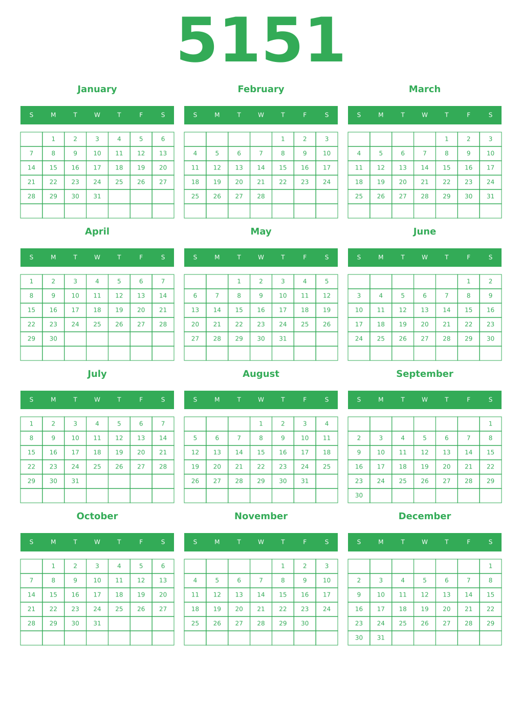Printable 5151 Year Calendars green