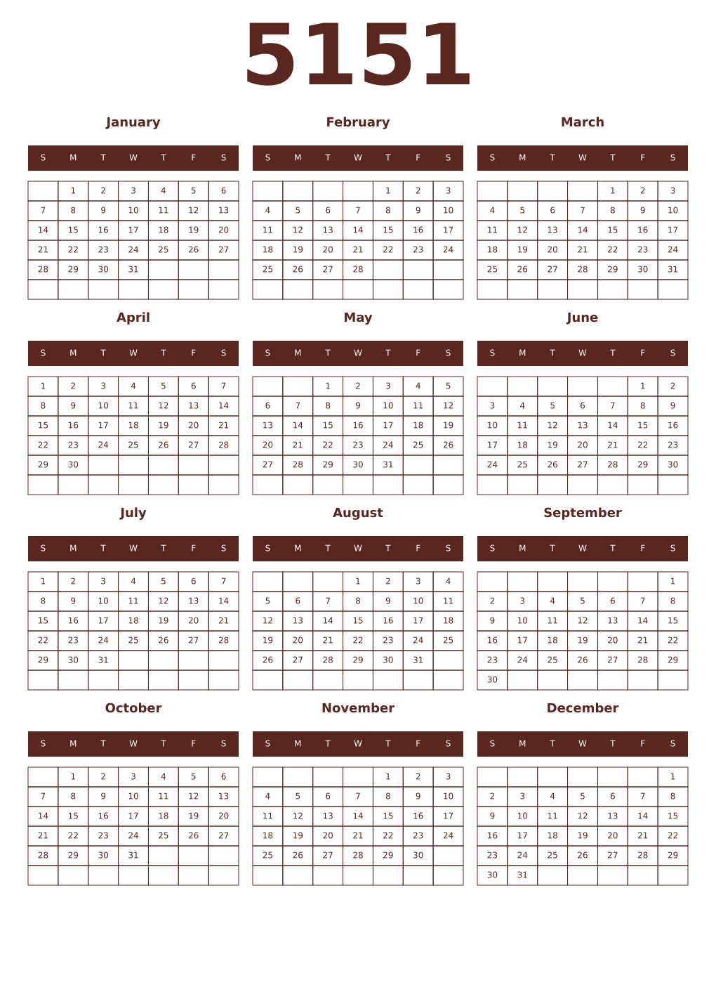 Printable 5151 Year Calendars mortuum