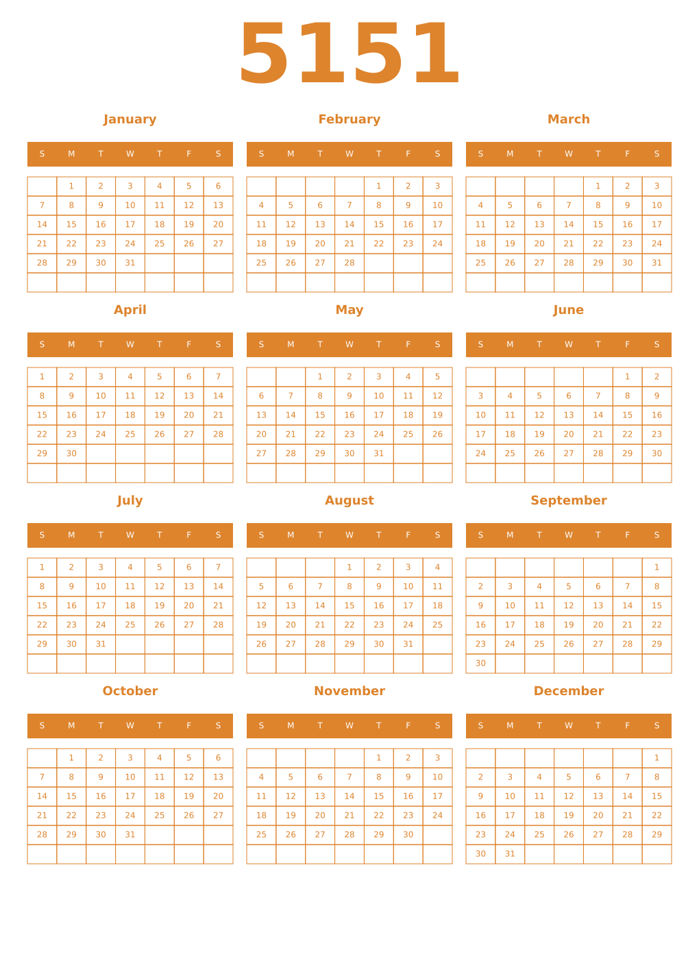 Printable 5151 Year Calendars orange