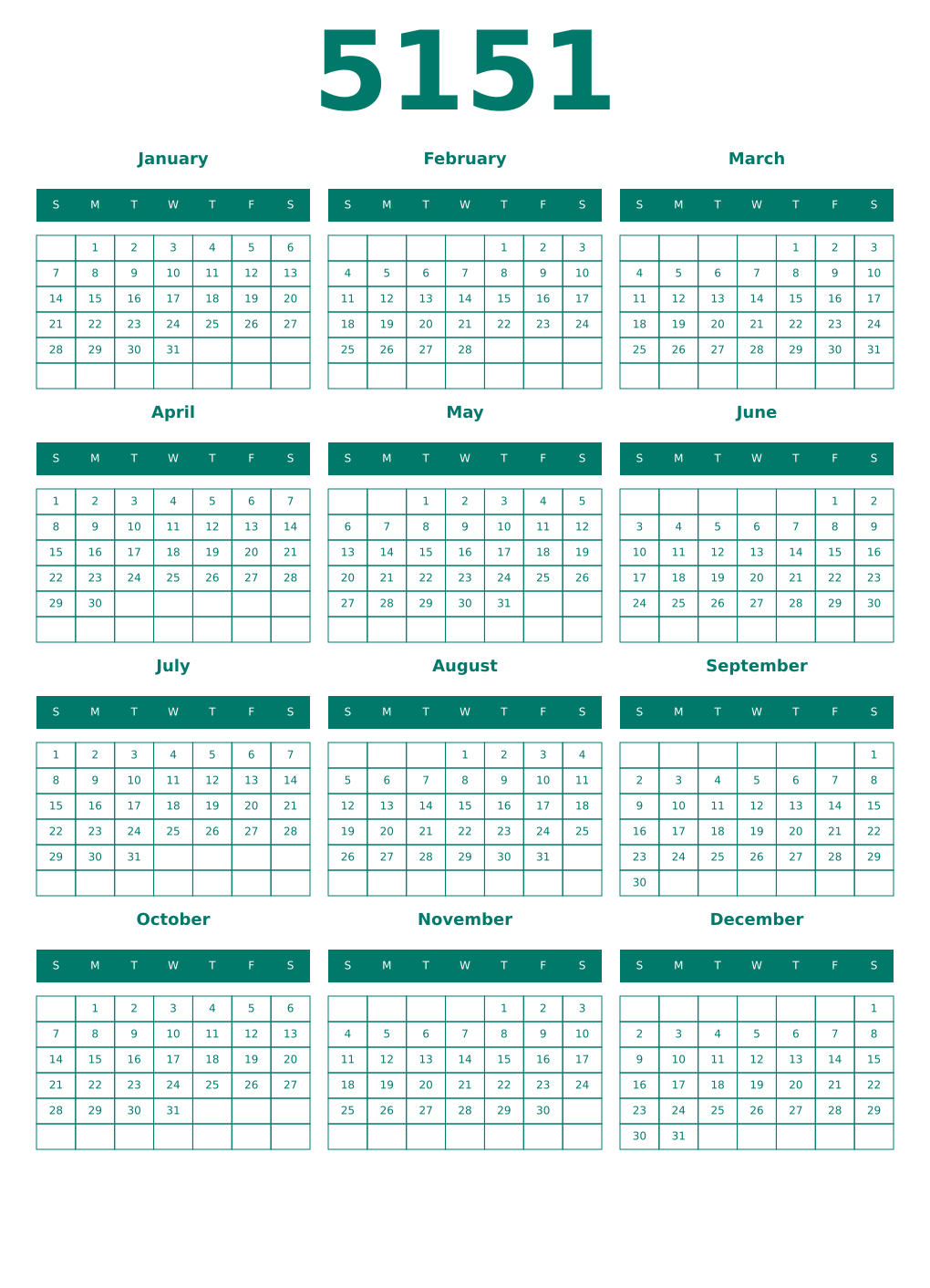 Printable 5151 Year Calendars pastel