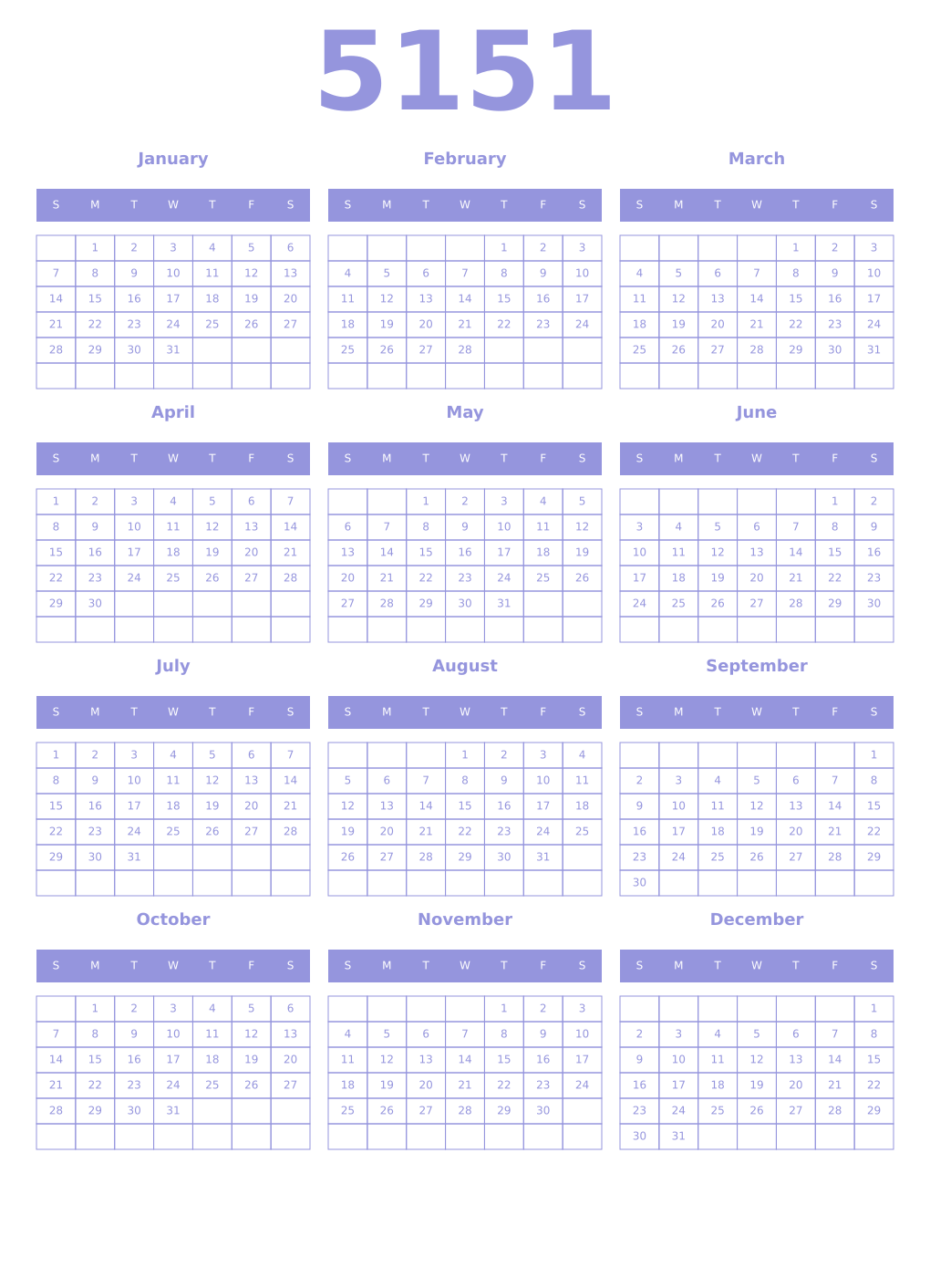 Printable 5151 Year Calendars periwinkle