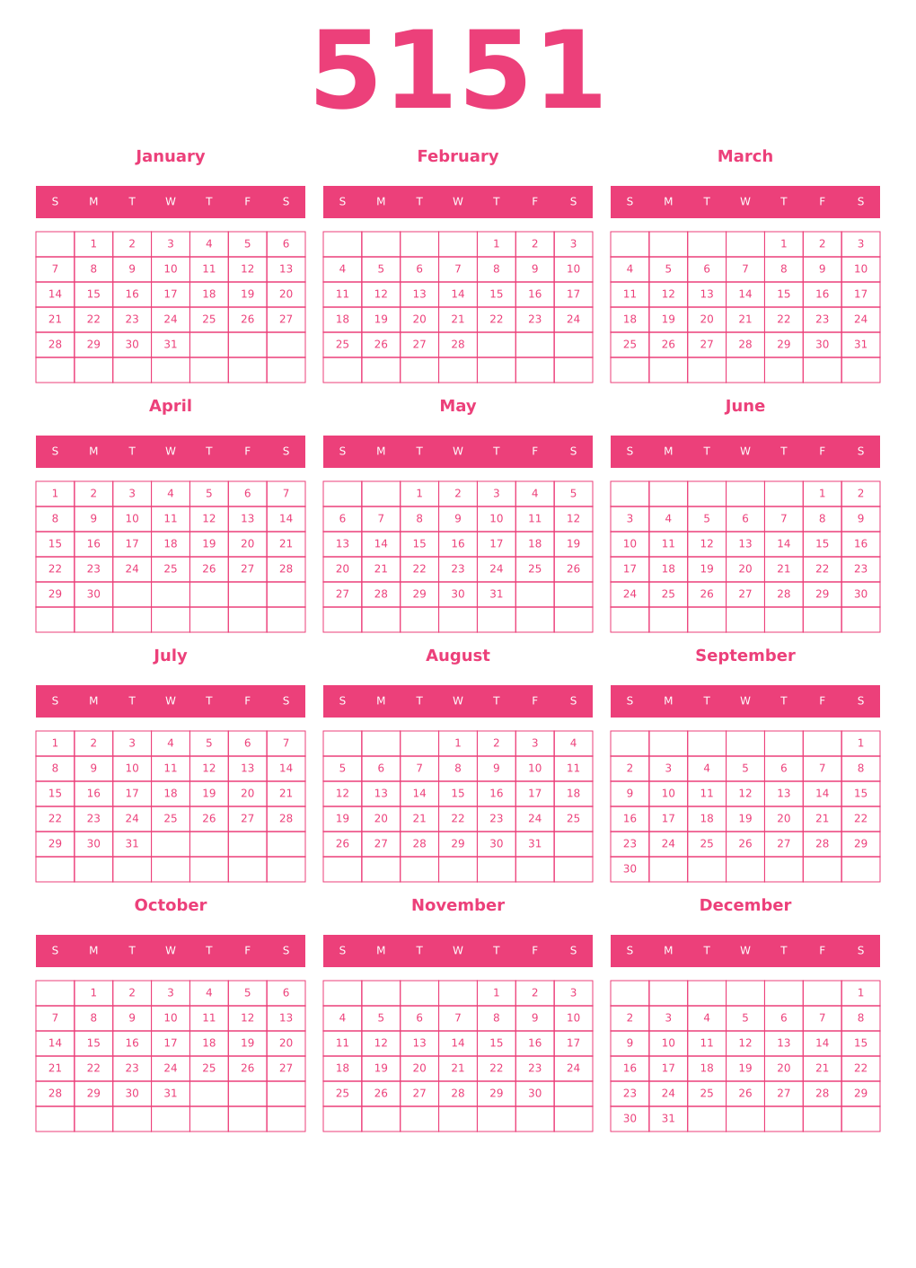 Printable 5151 Year Calendars pink