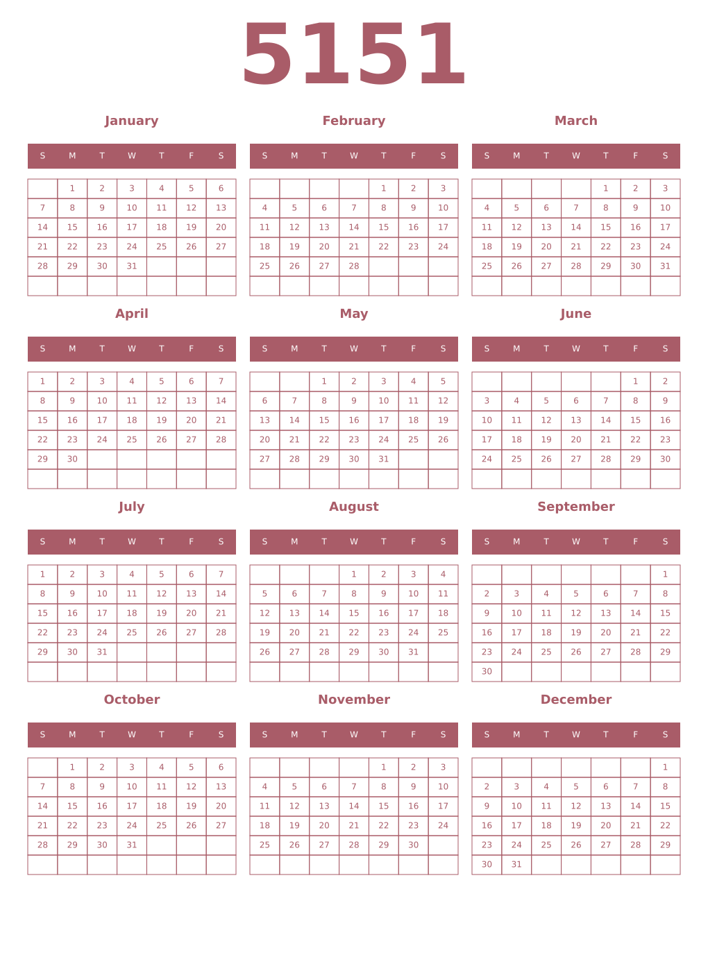 Printable 5151 Year Calendars puce