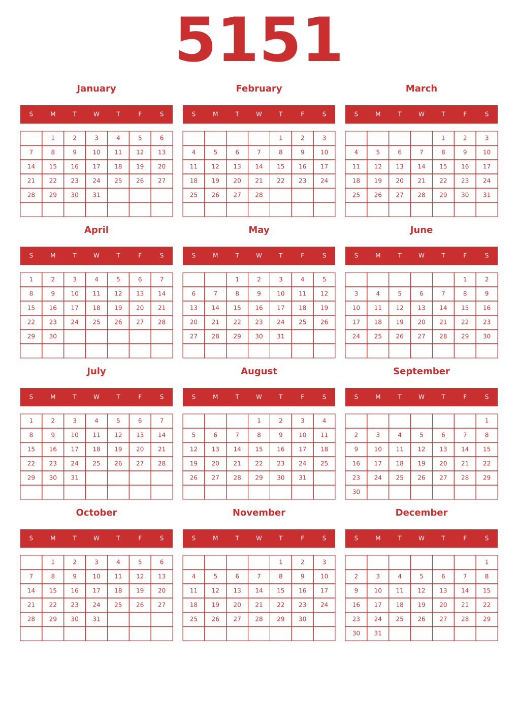Printable 5151 Year Calendars red