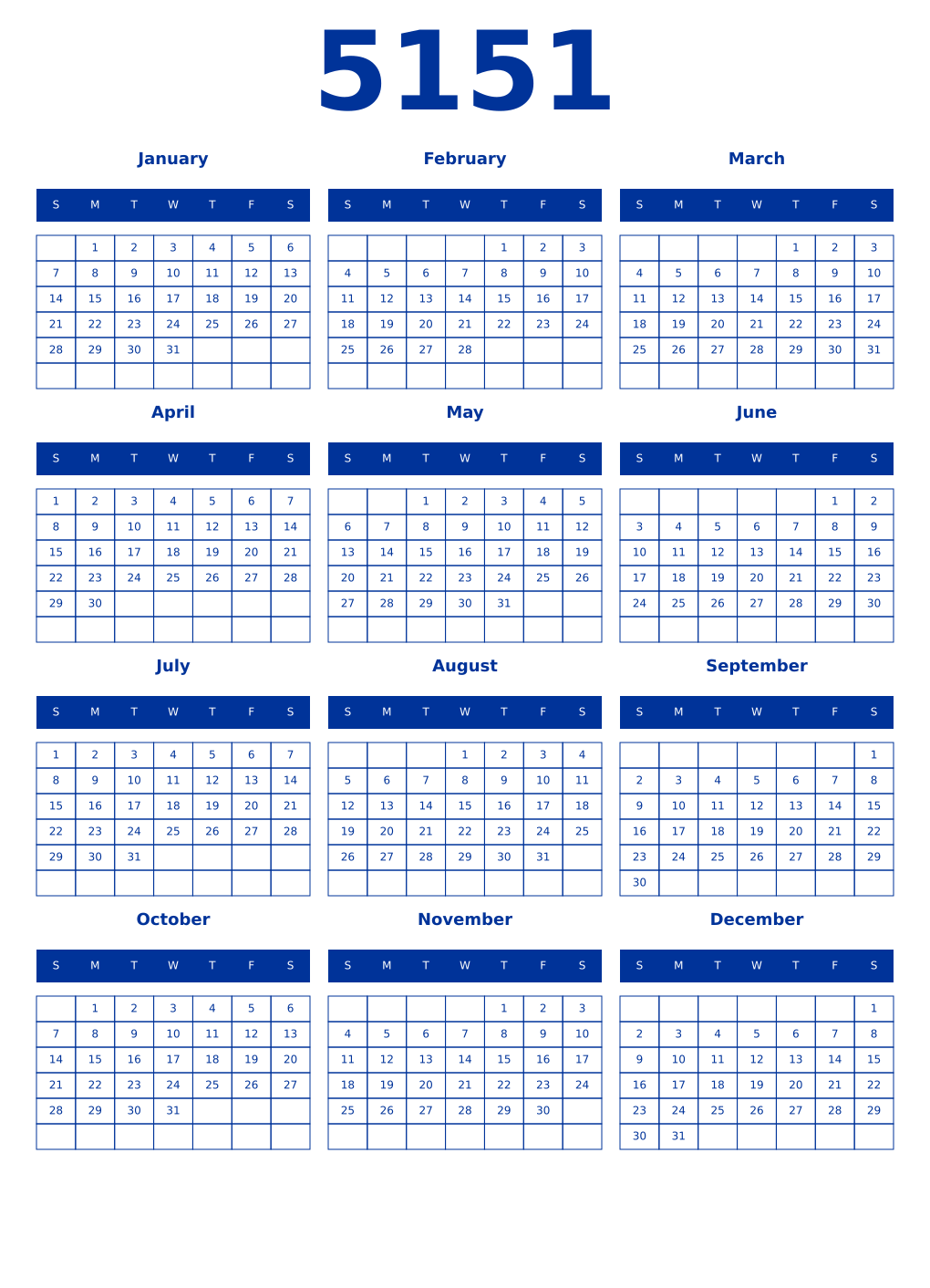 Printable 5151 Year Calendars smalt