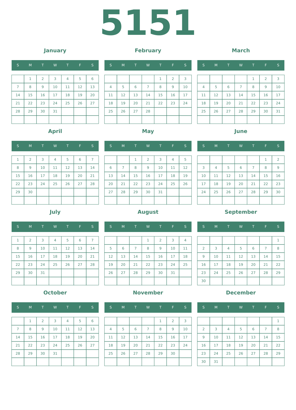 Printable 5151 Year Calendars viridian