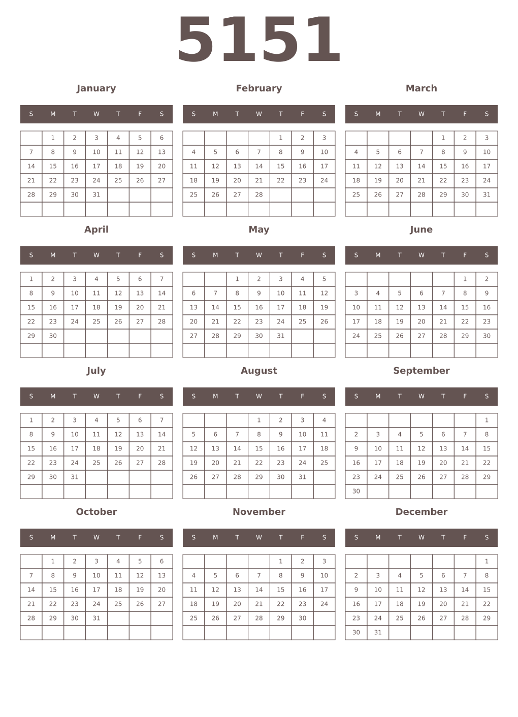 Printable 5151 Year Calendars wenge