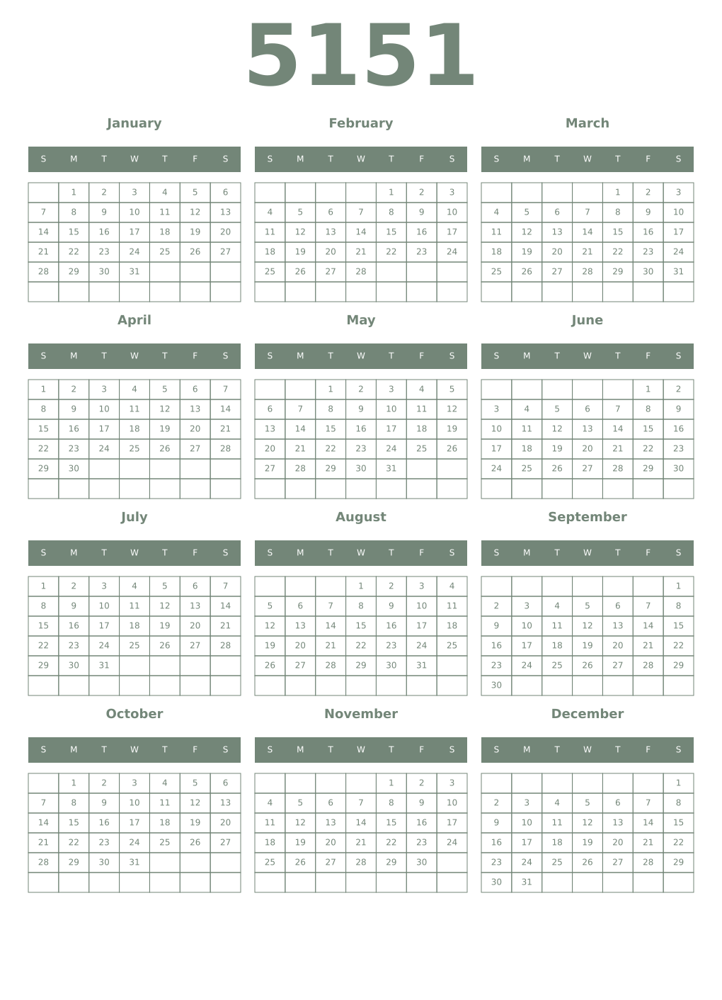 Printable 5151 Year Calendars xanadu