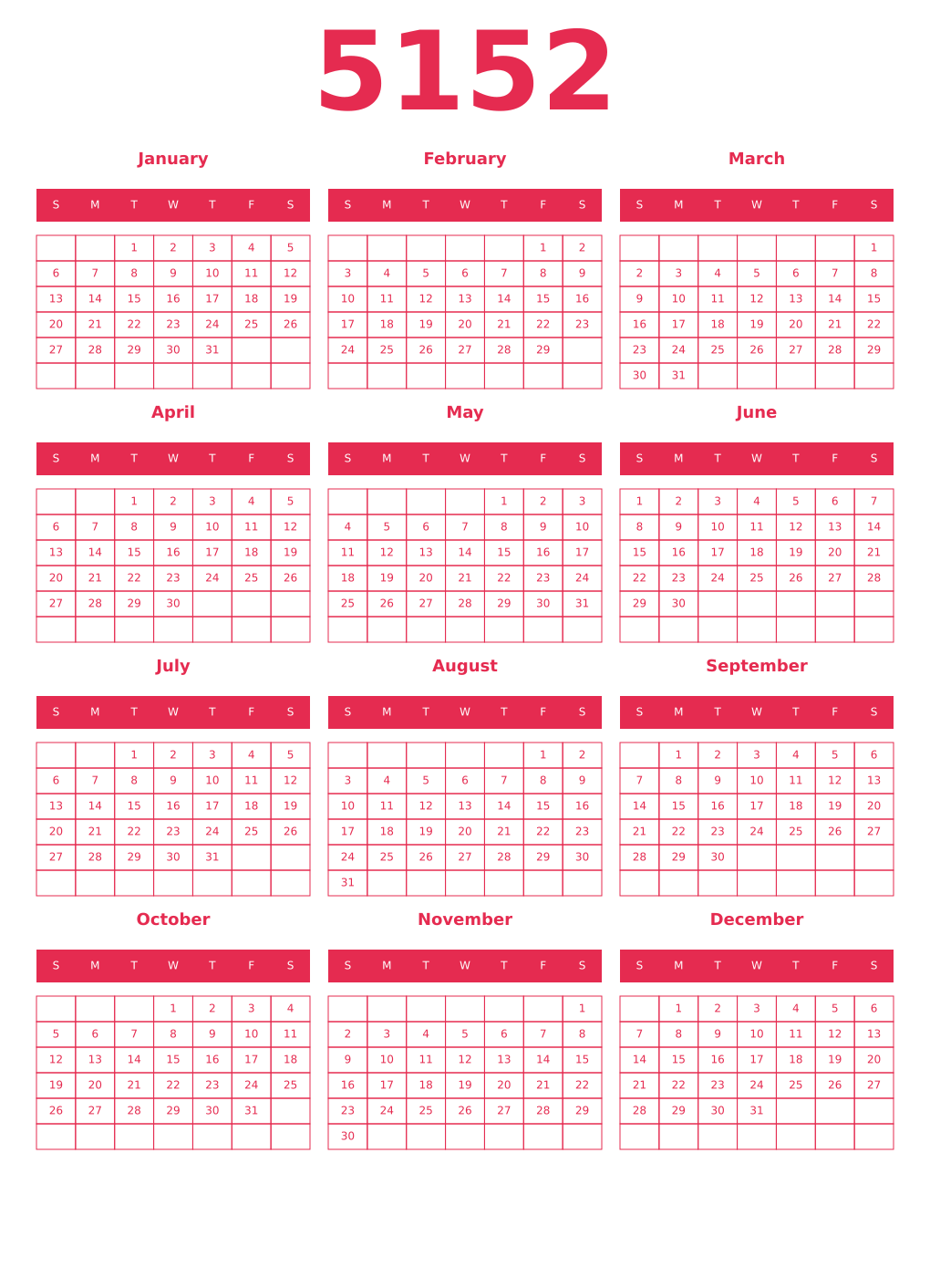 Printable 5152 Year Calendars amaranth