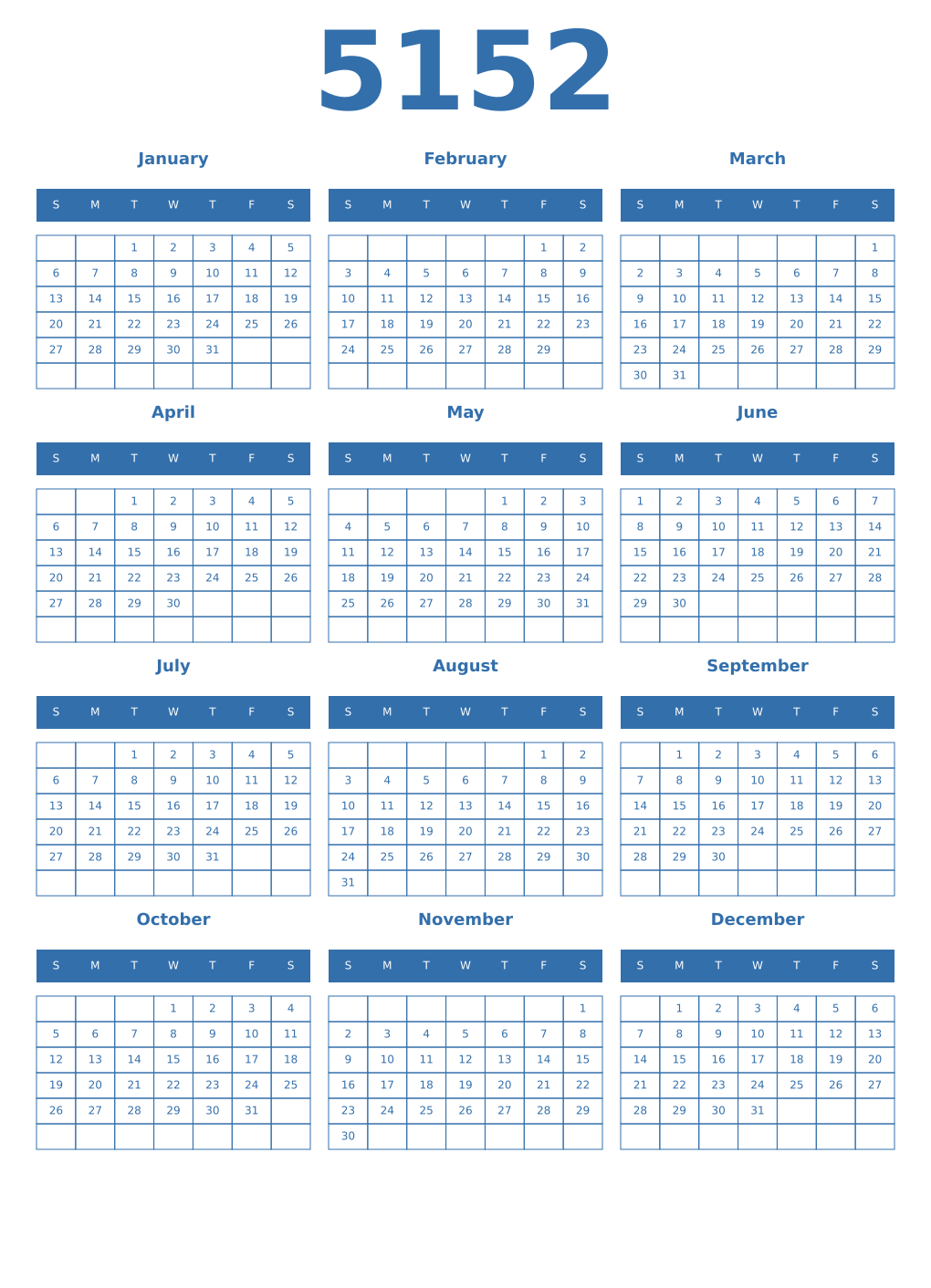 Printable 5152 Year Calendars blue
