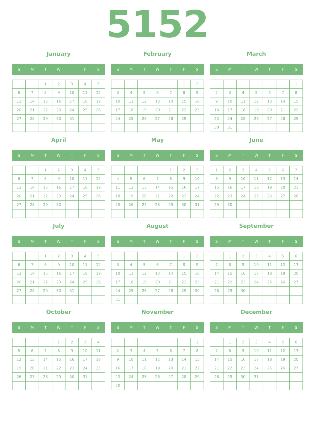 Printable 5152 Year Calendars celadon