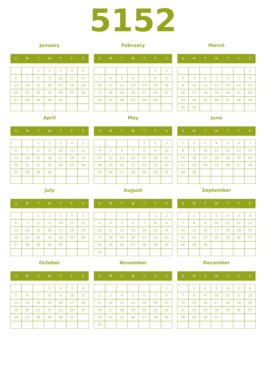 Printable 5152 Year Calendars chartreuse