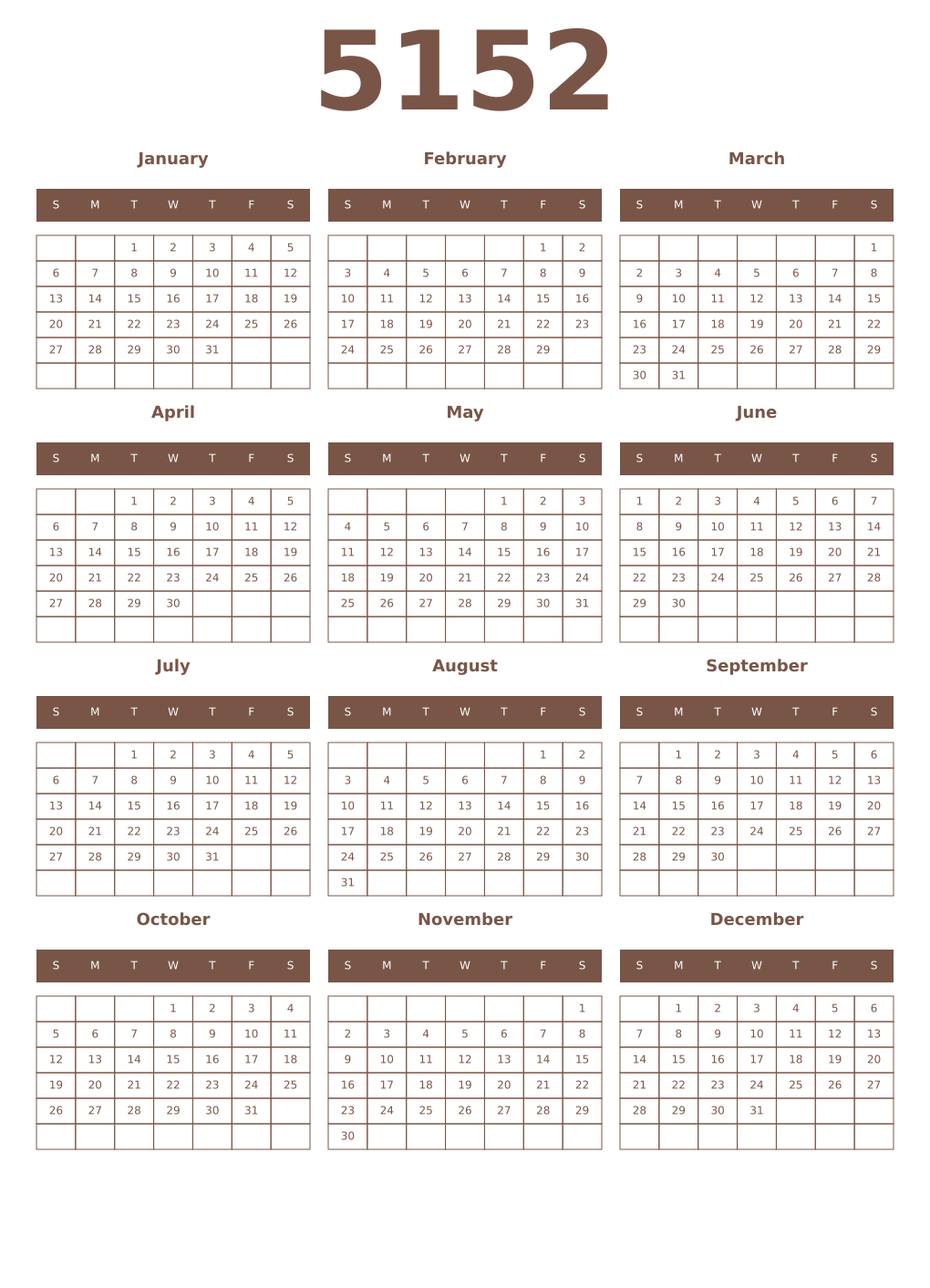 Printable 5152 Year Calendars coffe