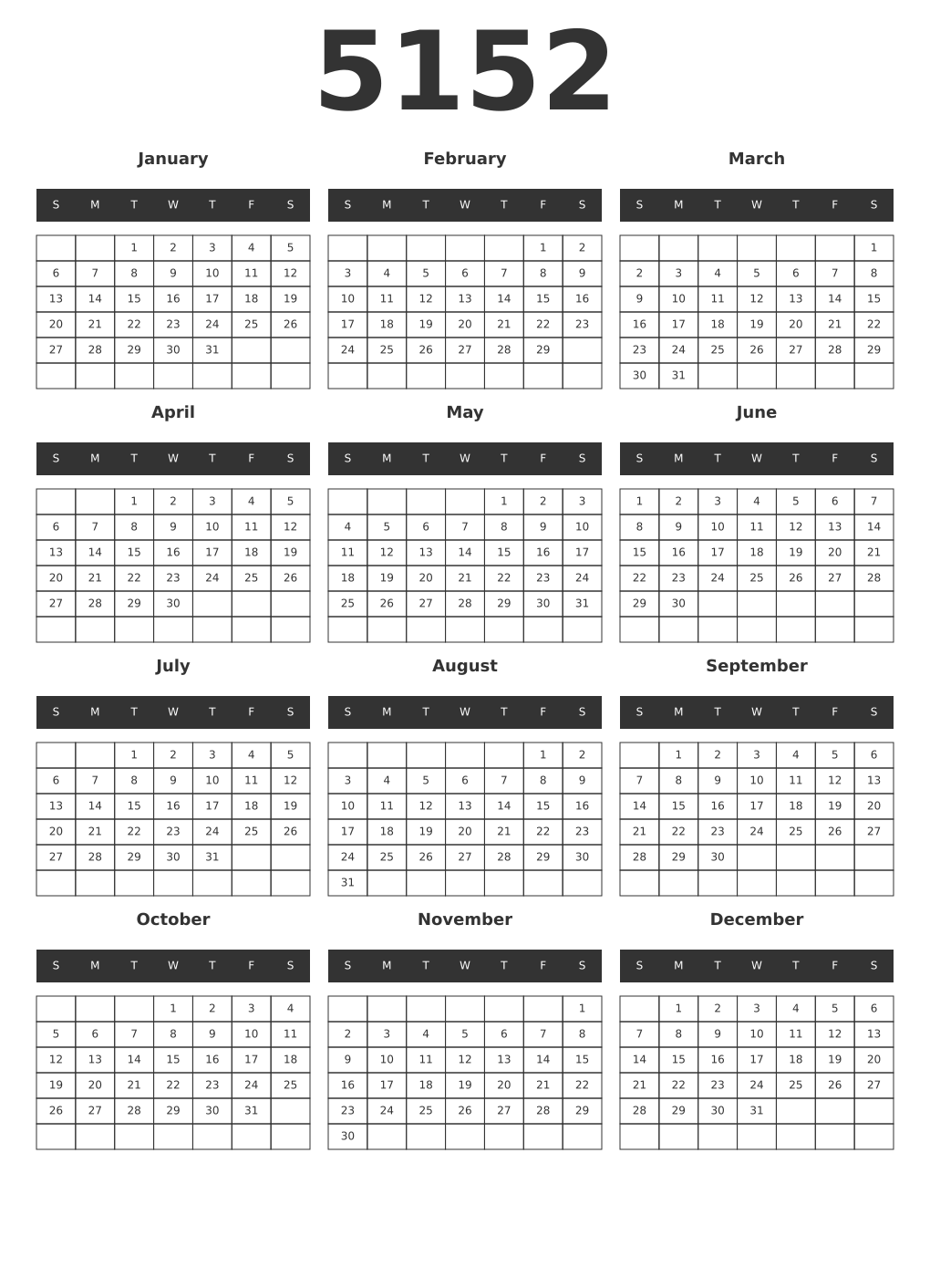 Printable 5152 Year Calendars dark
