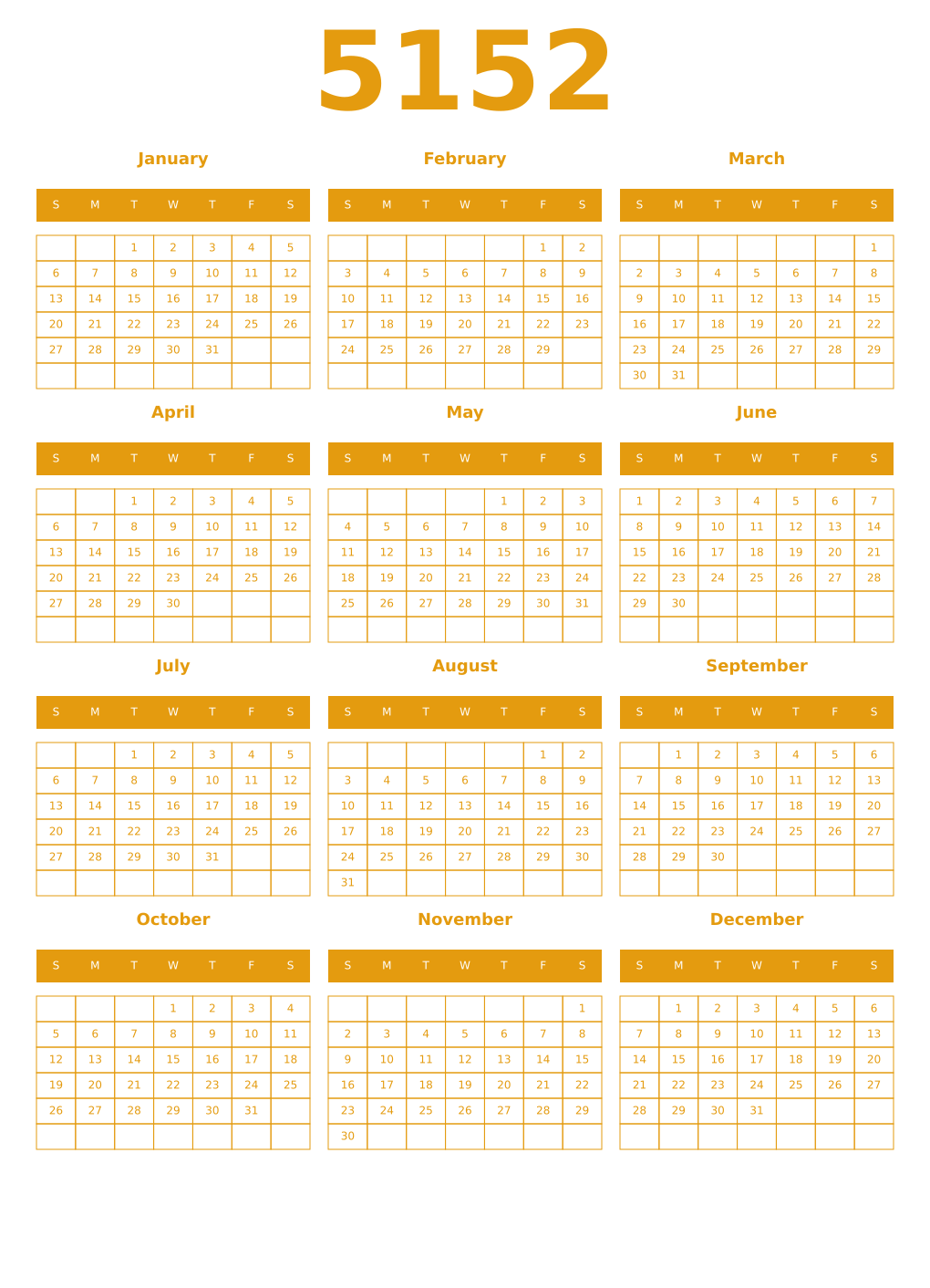 Printable 5152 Year Calendars gamboge