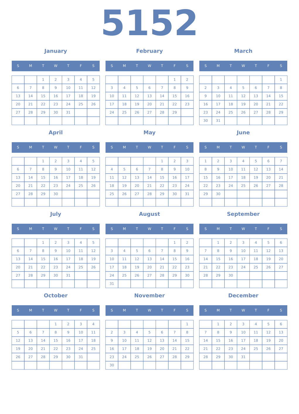 Printable 5152 Year Calendars glaucous