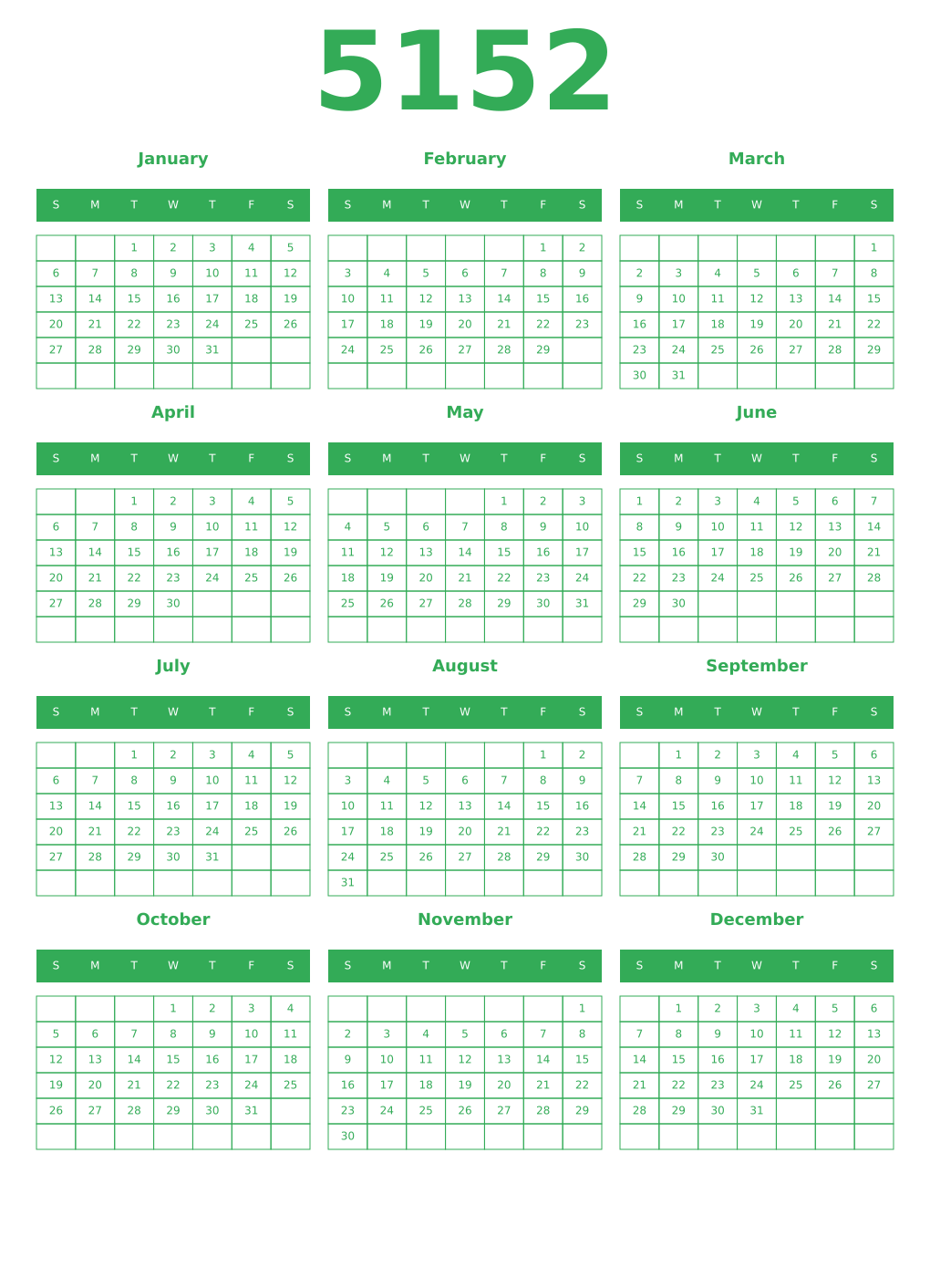 Printable 5152 Year Calendars green