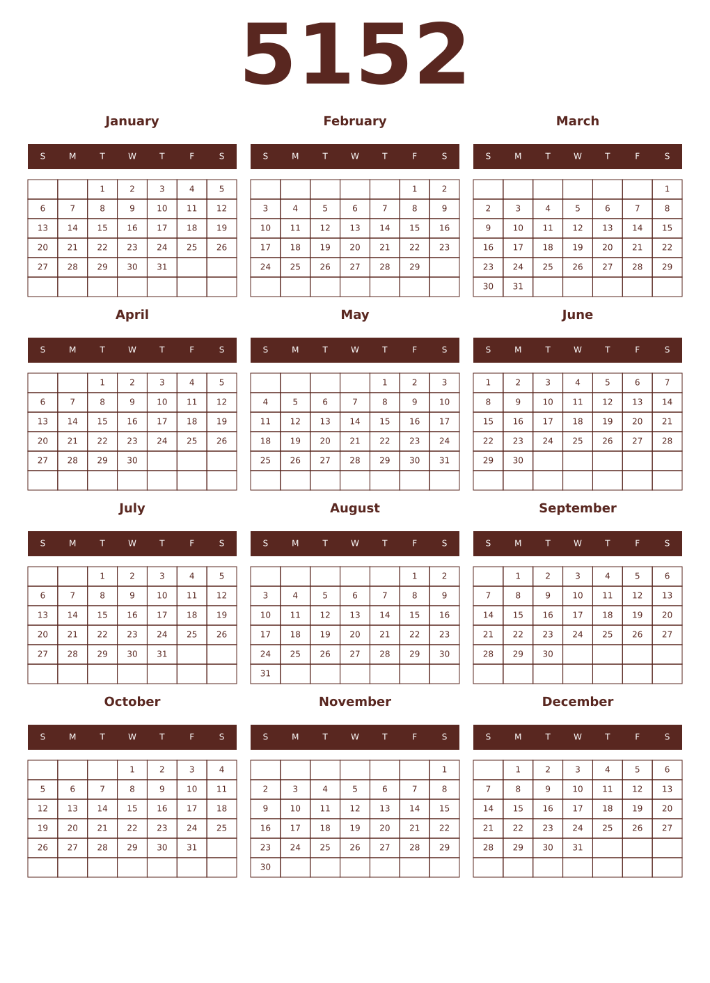 Printable 5152 Year Calendars mortuum