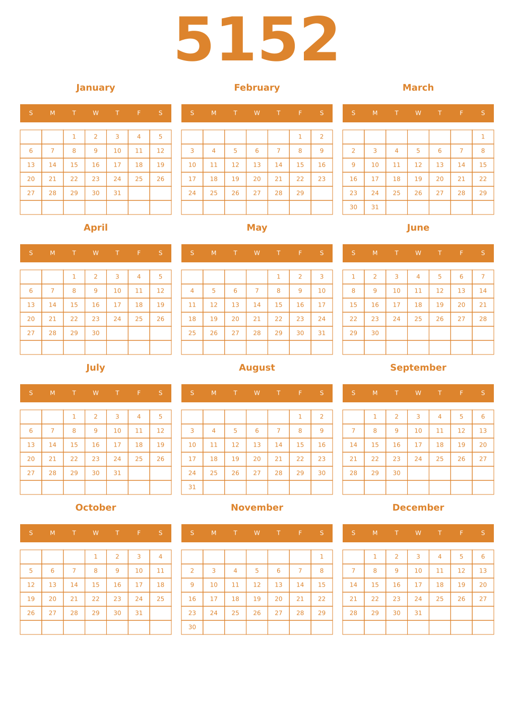 Printable 5152 Year Calendars orange