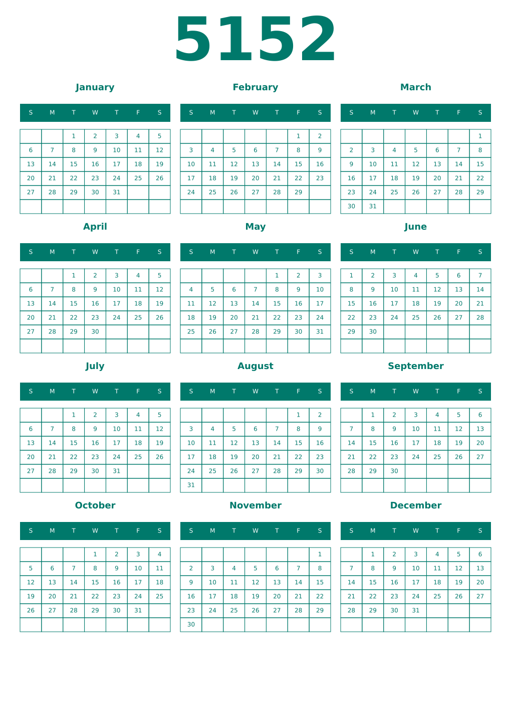 Printable 5152 Year Calendars pastel