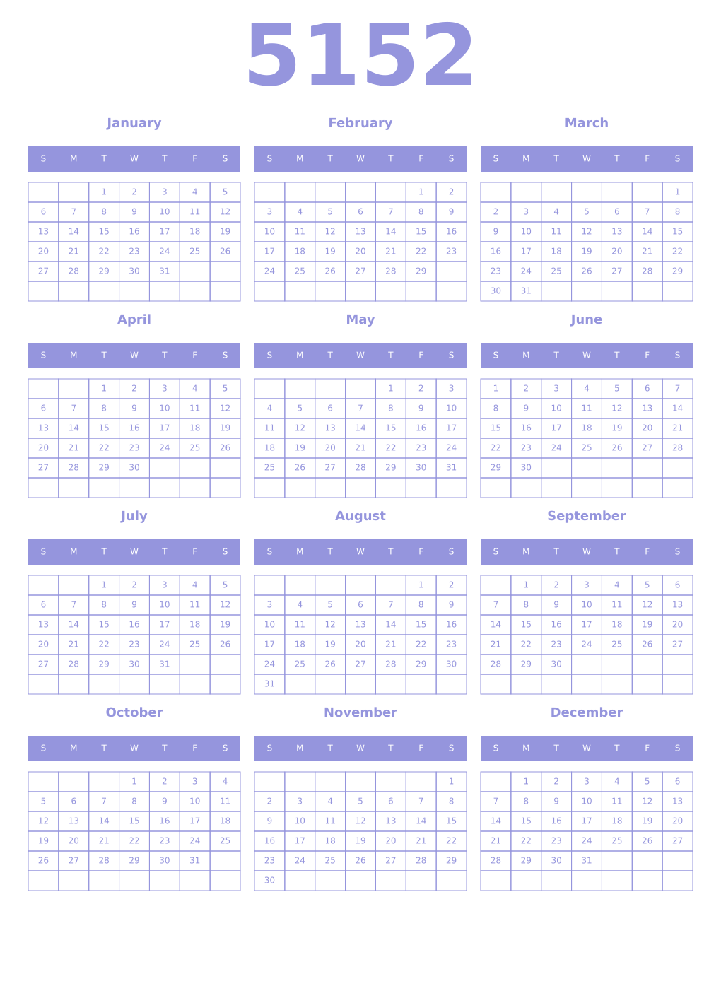 Printable 5152 Year Calendars periwinkle
