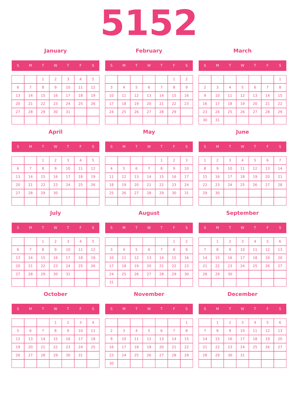 Printable 5152 Year Calendars pink