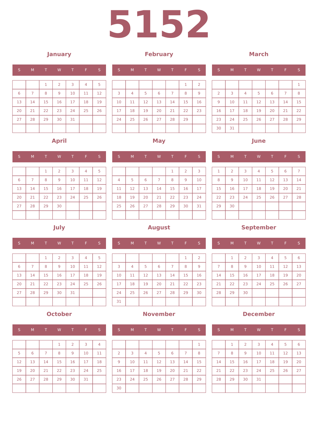 Printable 5152 Year Calendars puce