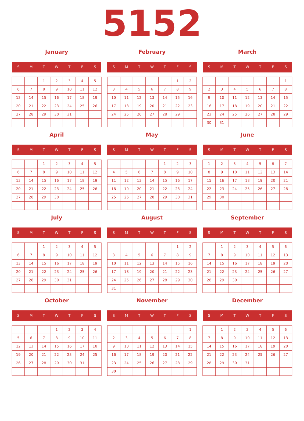 Printable 5152 Year Calendars red