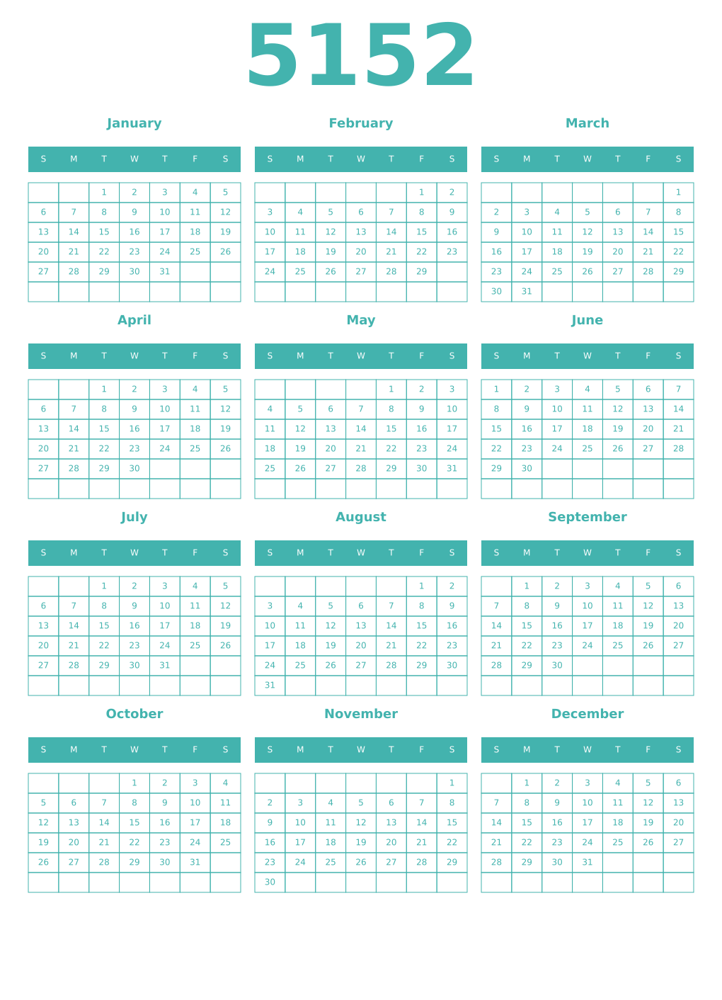 Printable 5152 Year Calendars verdigris