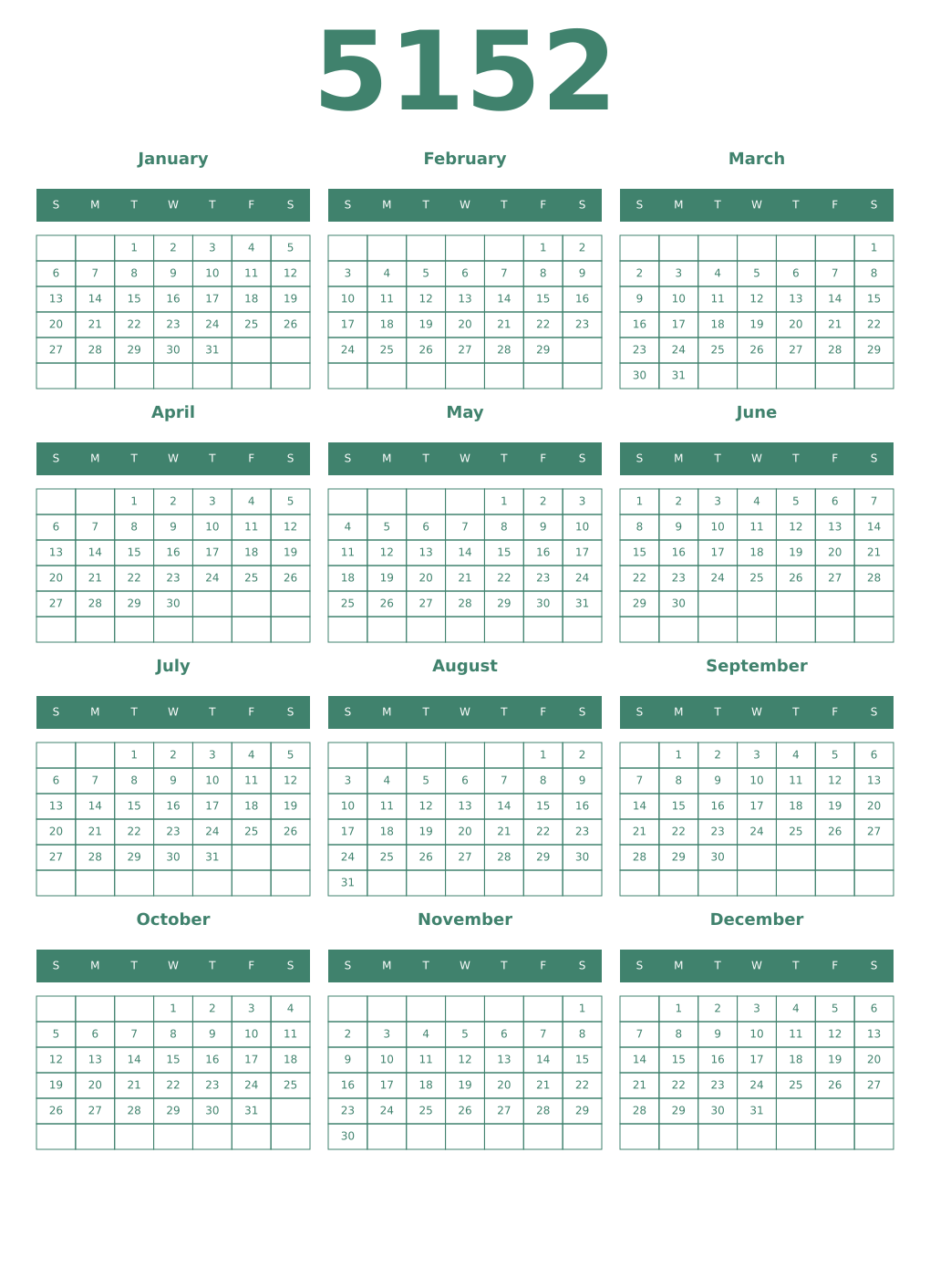 Printable 5152 Year Calendars viridian