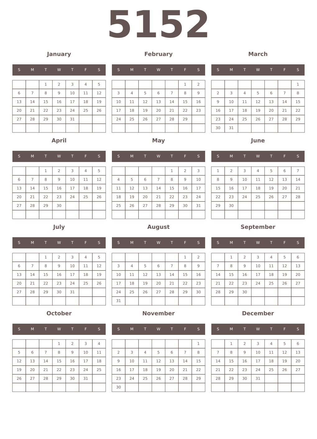 Printable 5152 Year Calendars wenge