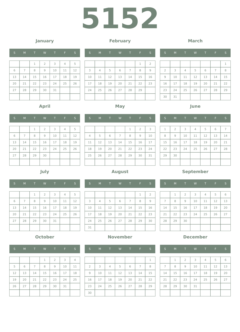 Printable 5152 Year Calendars xanadu
