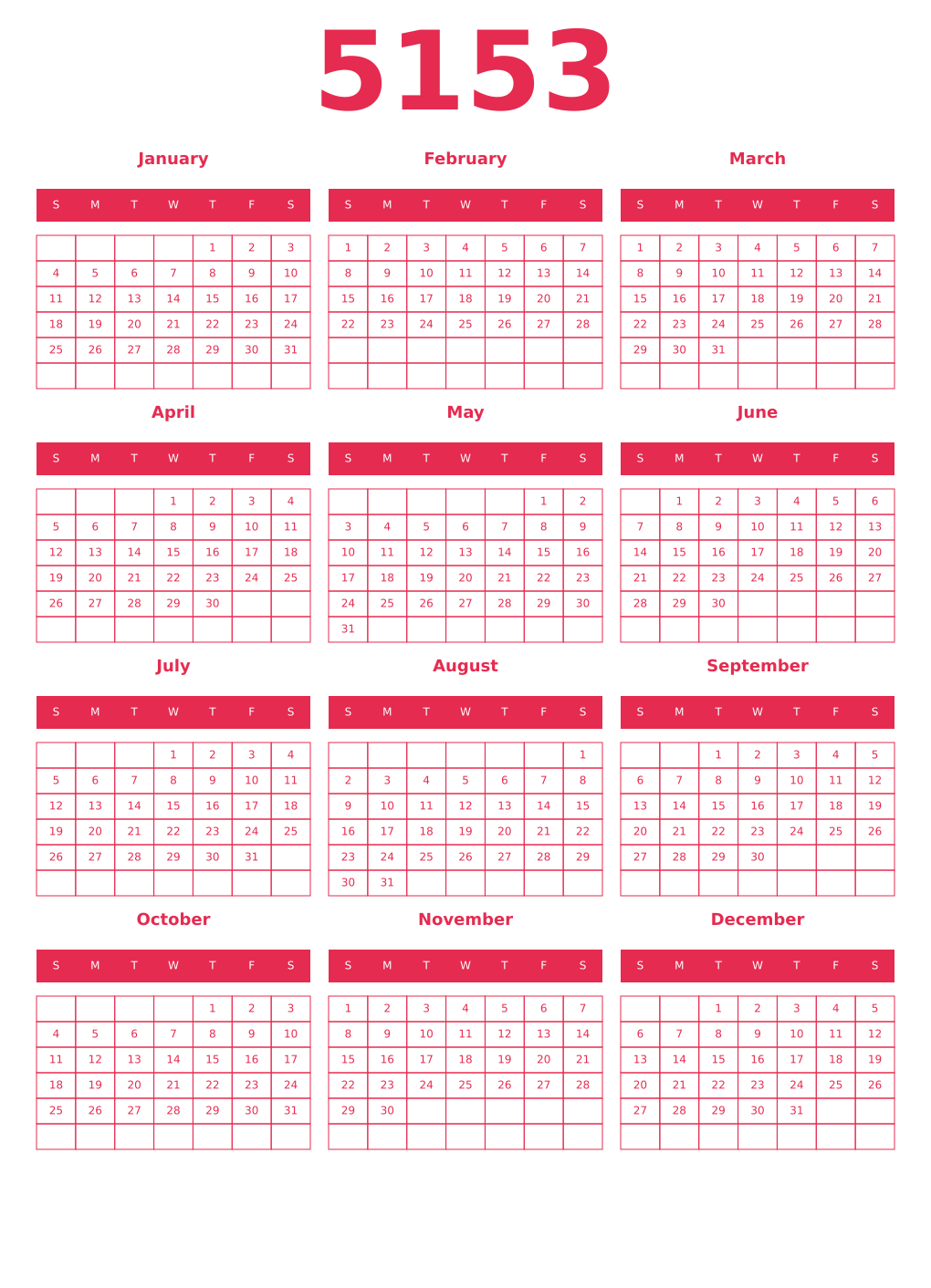 Printable 5153 Year Calendars amaranth