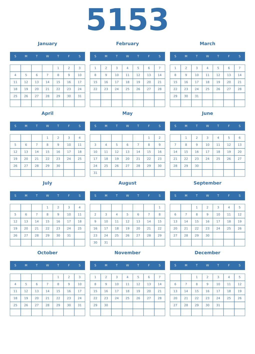 Printable 5153 Year Calendars blue