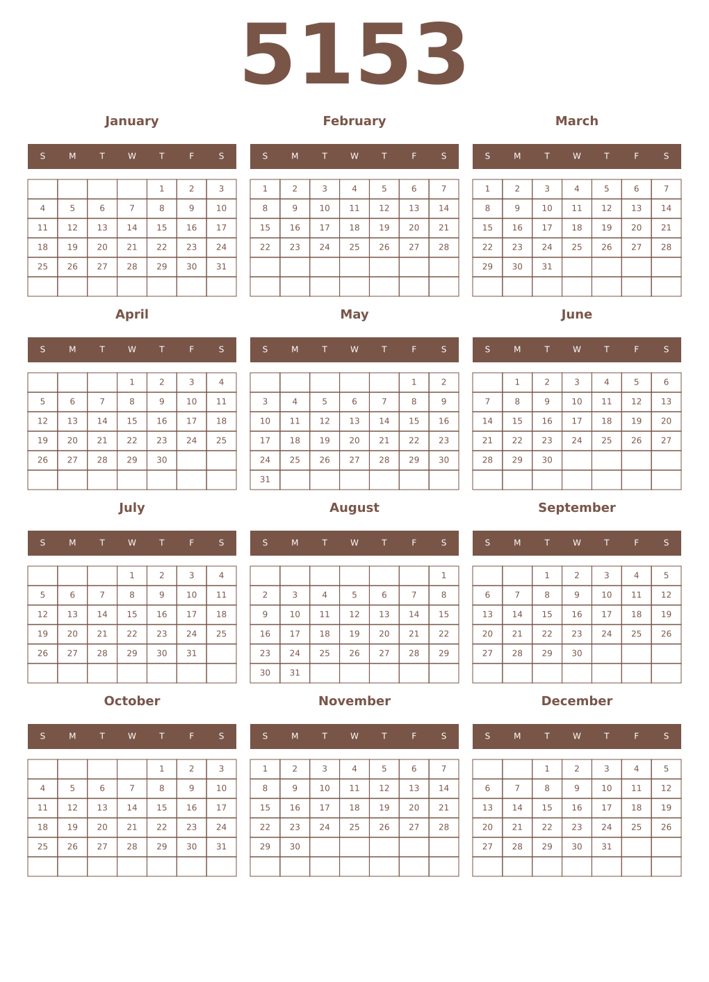 Printable 5153 Year Calendars coffe
