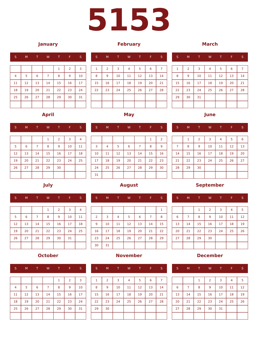 Printable 5153 Year Calendars falu